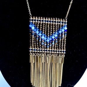 WHBM Blue V Gold Aztec Necklace 21"
